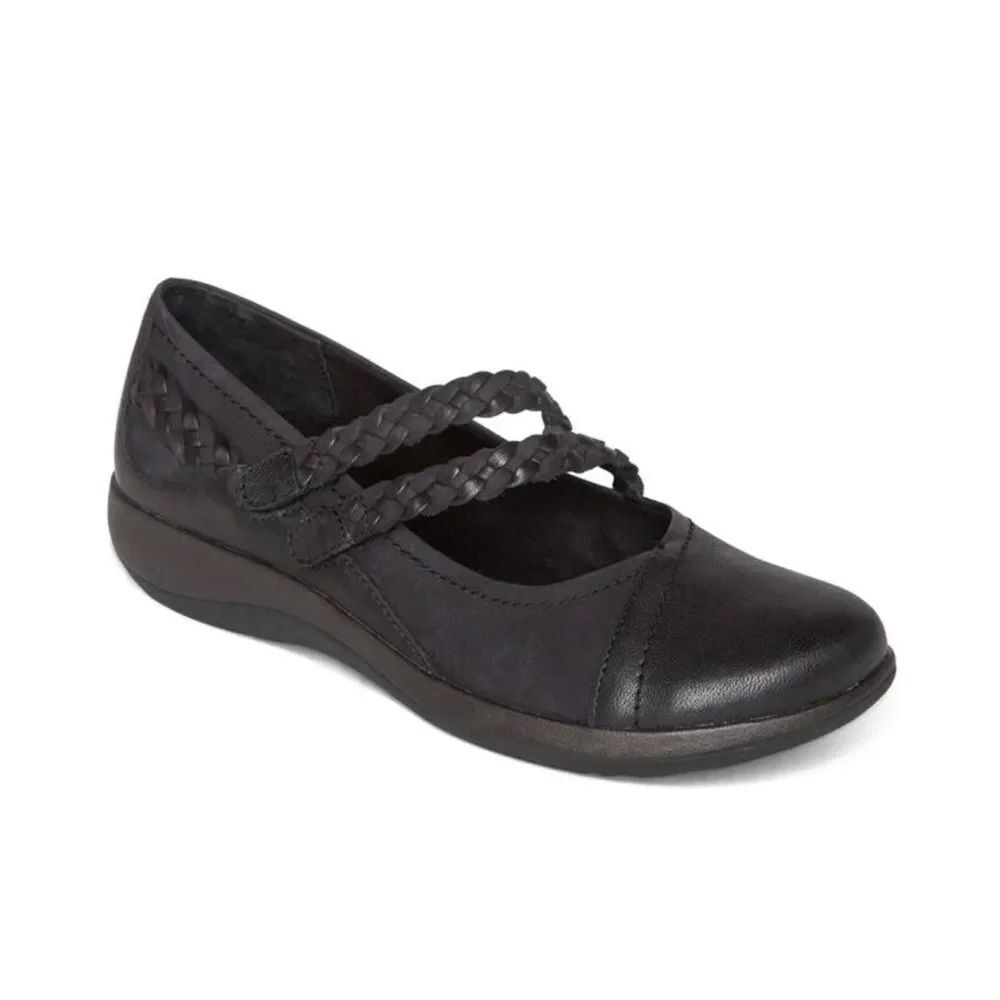 Aetrex Annie Black Braided Strap Flat Loafers for plantar fasciitis size 8.5